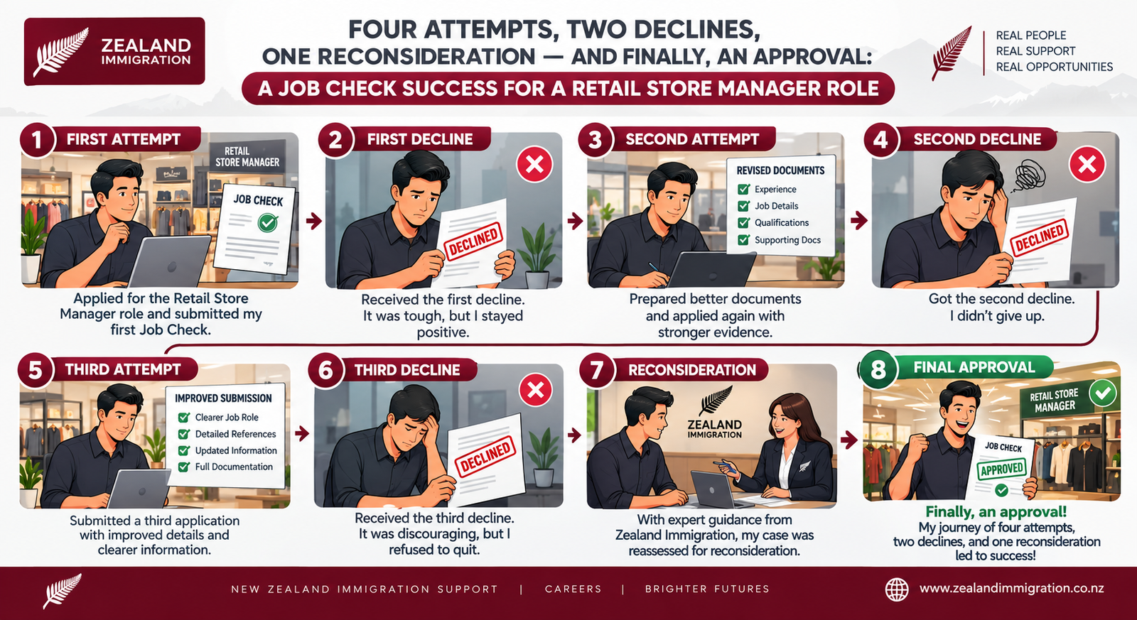 Four Attempts, Two Declines, One Reconsideration — and Finally, an Approval: A Job Check Success for a Retail Store Manager Role